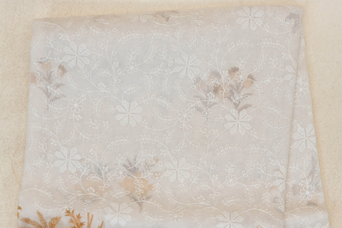 Pearl White with Mustard Yellow Floral Design Borders Organza Silk Saree body