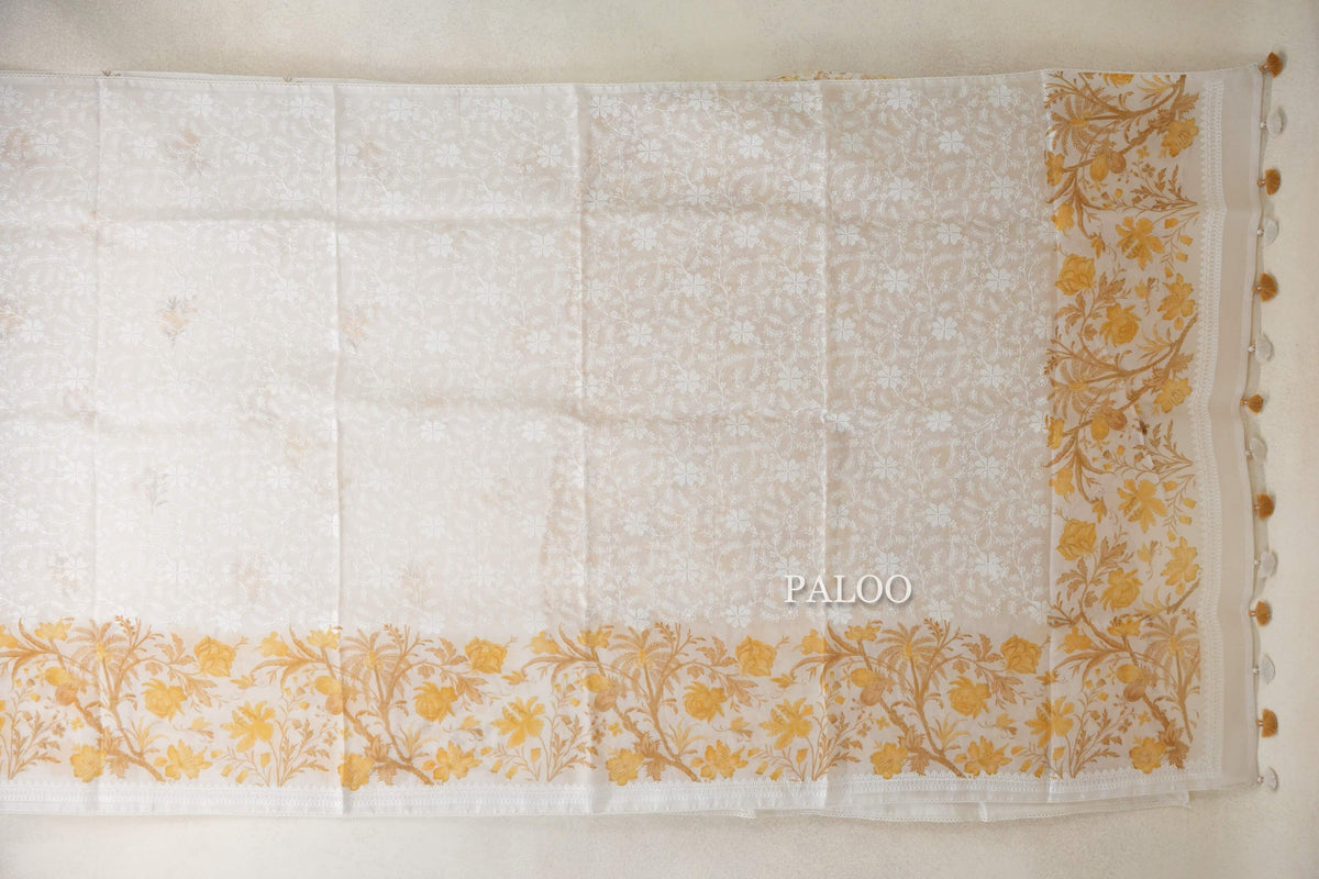 Pearl White with Mustard Yellow Floral Design Borders Organza Silk Saree paloo