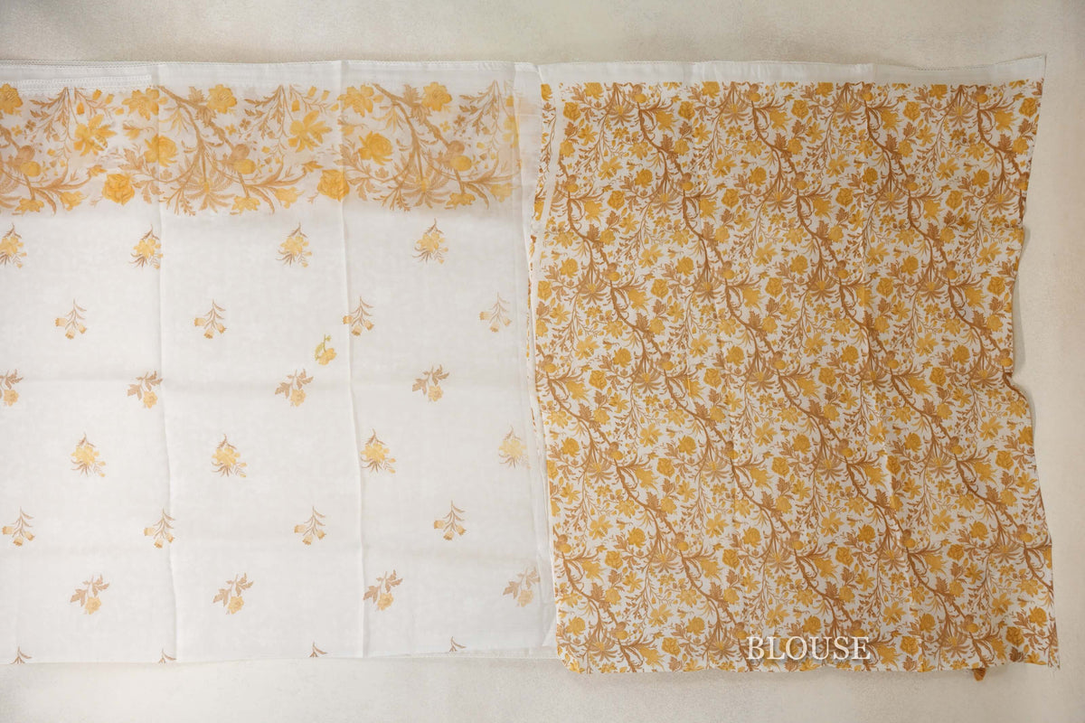 Pearl White with Mustard Yellow Floral Design Borders Organza Silk Saree blouse