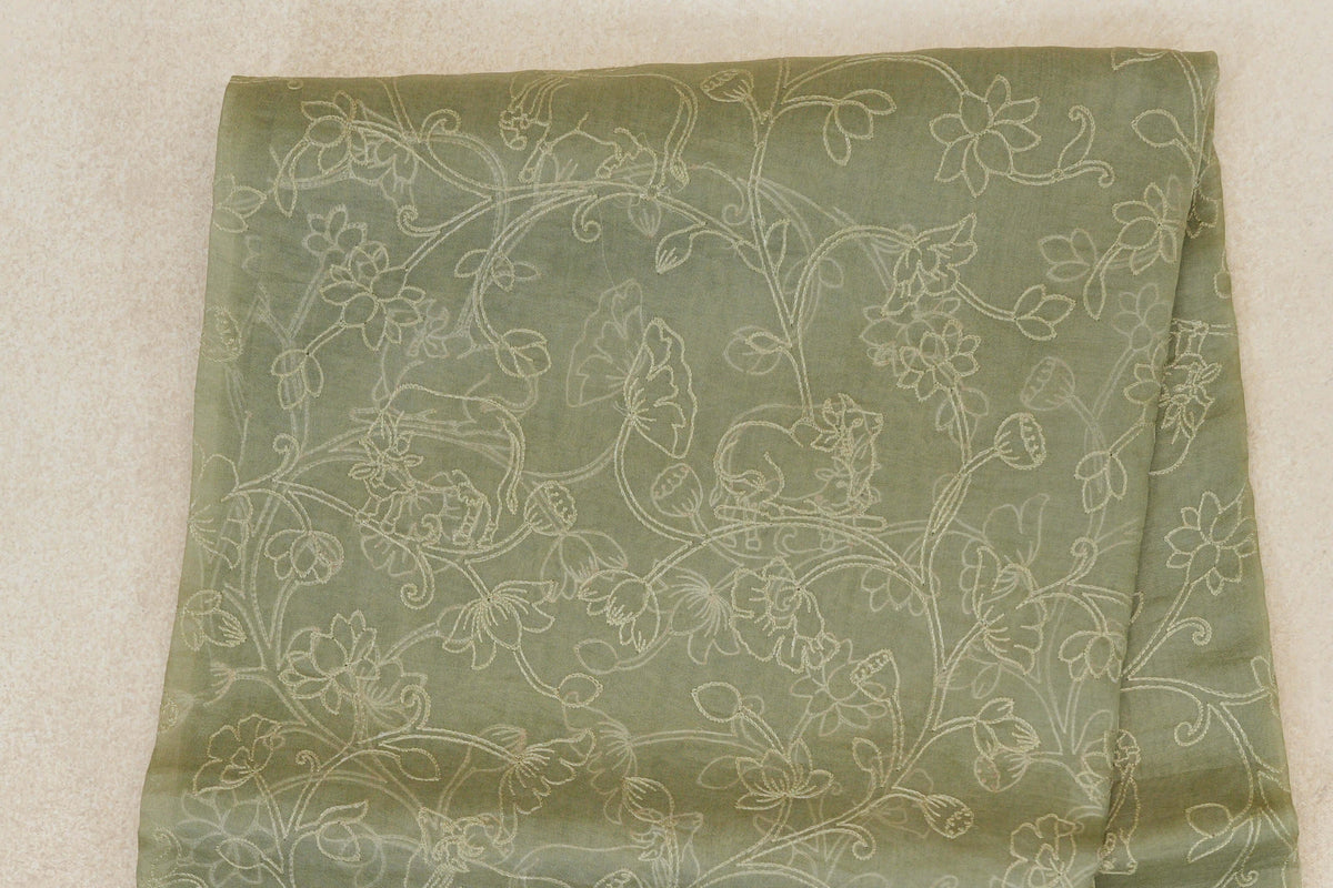Sage Green with Multi Color Borders Organza Silk Saree body
