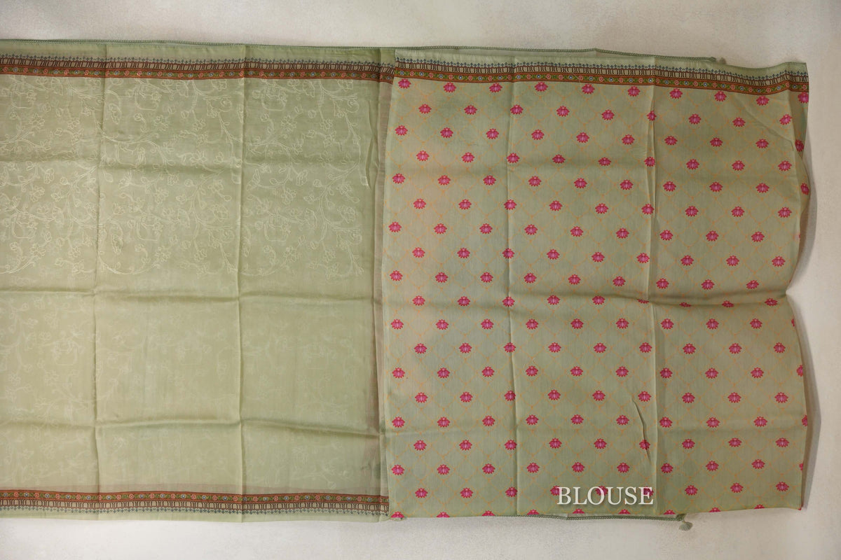 Sage Green with Multi Color Borders Organza Silk Saree blouse