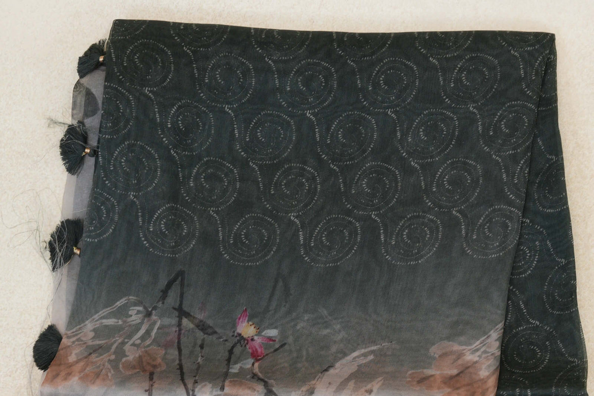 Multi Color with Deep Olive Green Borders Organza Silk Saree body