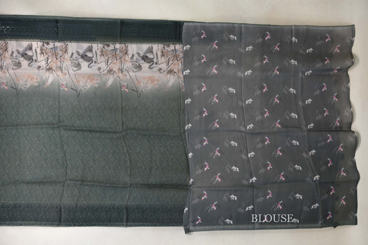 Multi Color with Deep Olive Green Borders Organza Silk Saree blouse