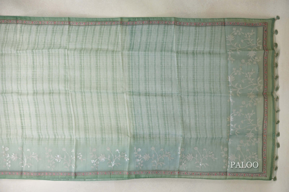 Pastel Mint Green with Sage Green Borders Organza Silk Saree paloo