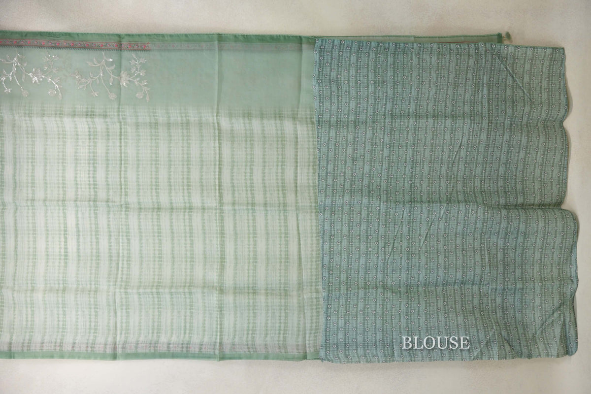 Pastel Mint Green with Sage Green Borders Organza Silk Saree blouse