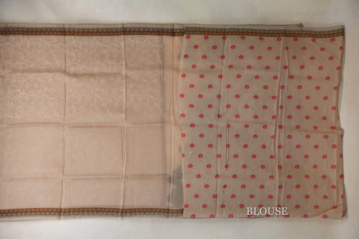 Sandal Beige with Multi Color Borders Organza Silk Saree blouse