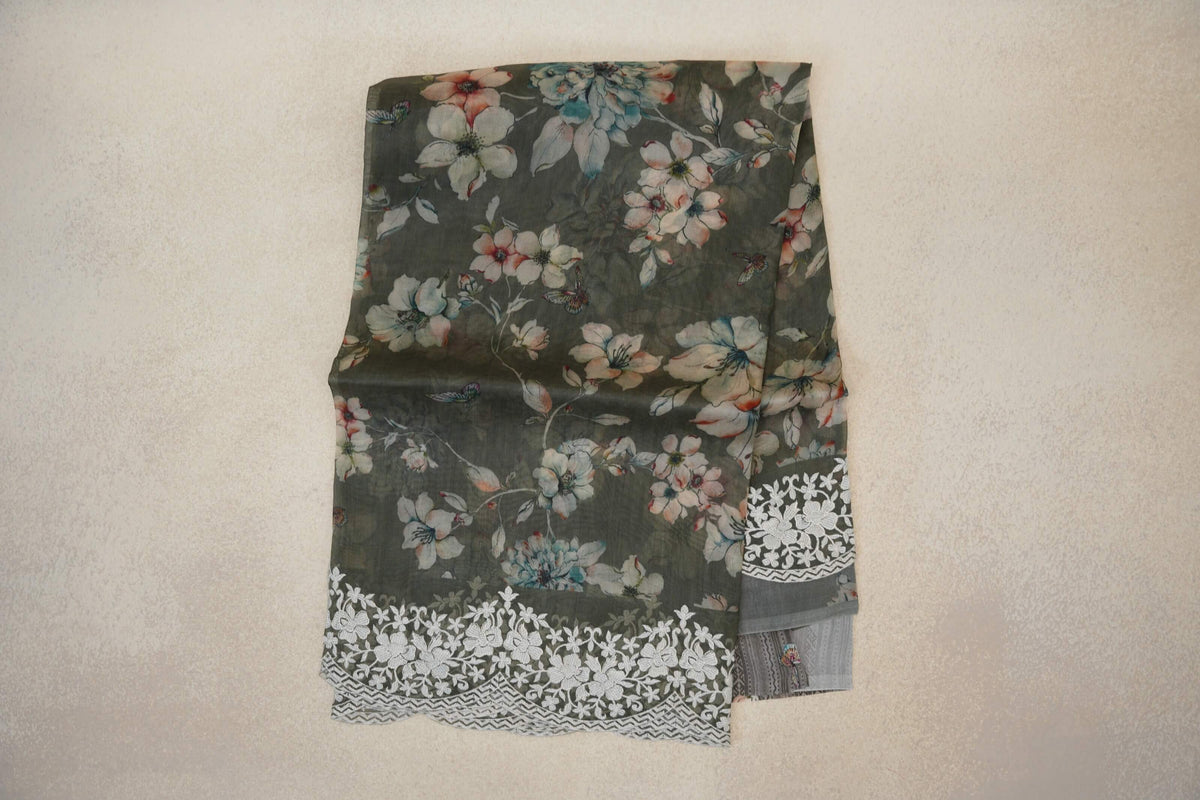 Deep Olive Green with White Floral Embroidery Borders Organza Silk Saree
