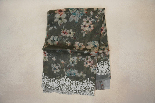 Deep Olive Green with White Floral Embroidery Borders Organza Silk Saree