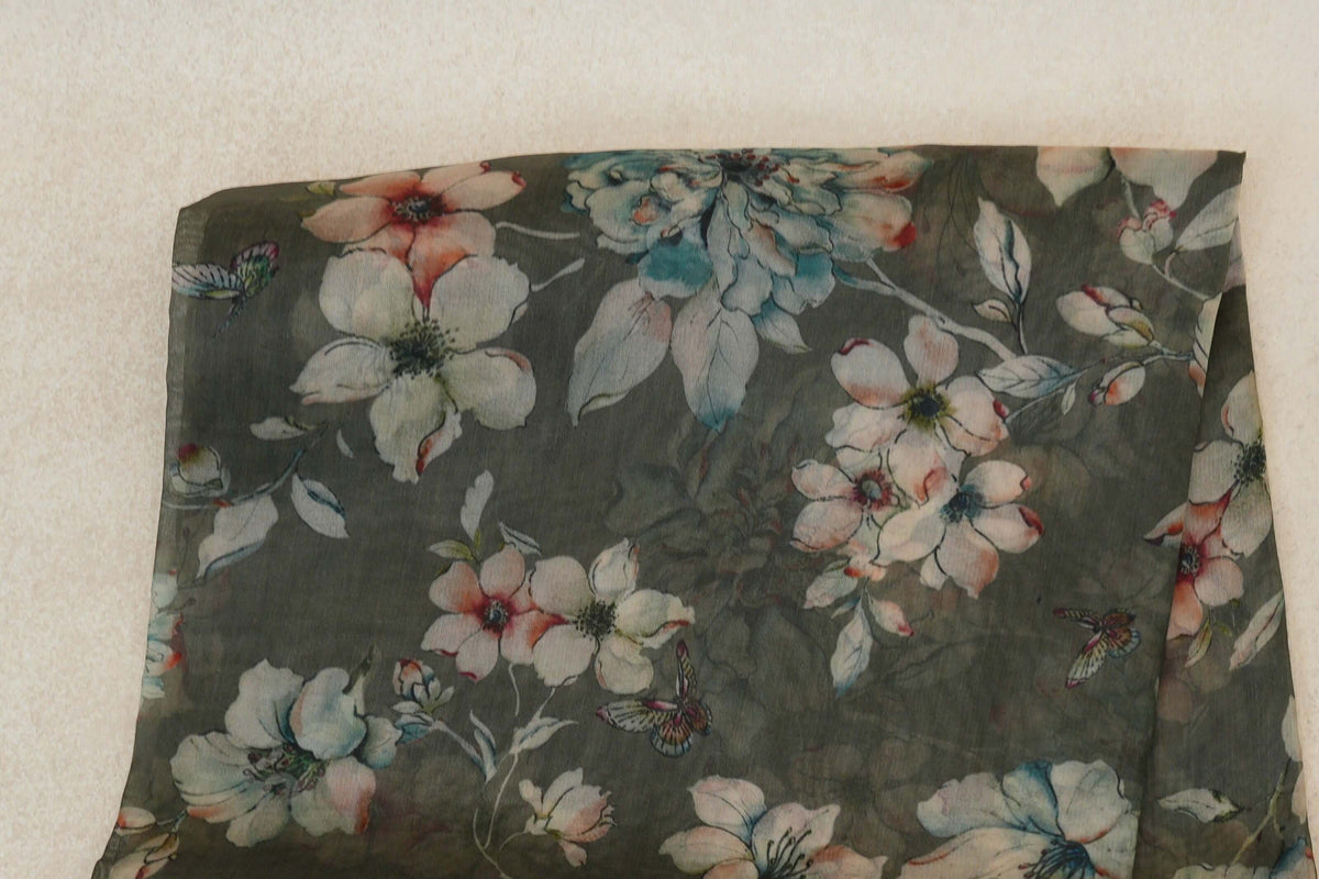 Deep Olive Green with White Floral Embroidery Borders Organza Silk Saree body