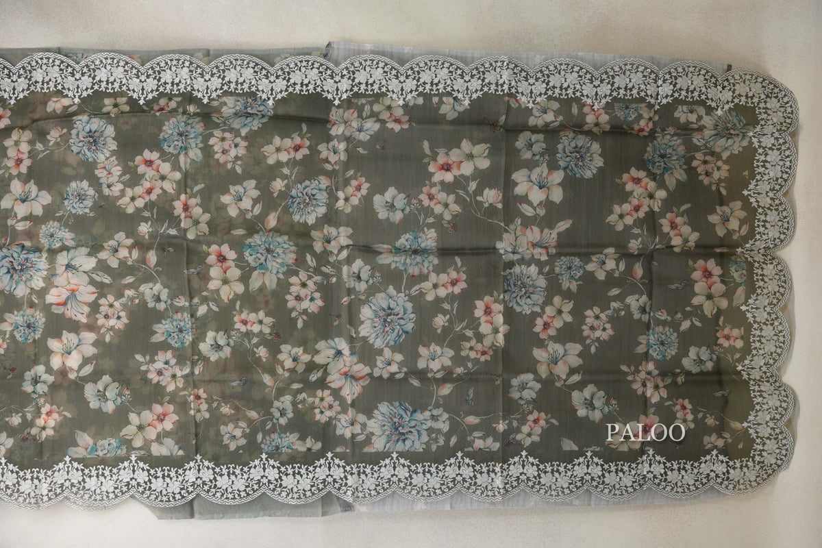 Deep Olive Green with White Floral Embroidery Borders Organza Silk Saree paloo