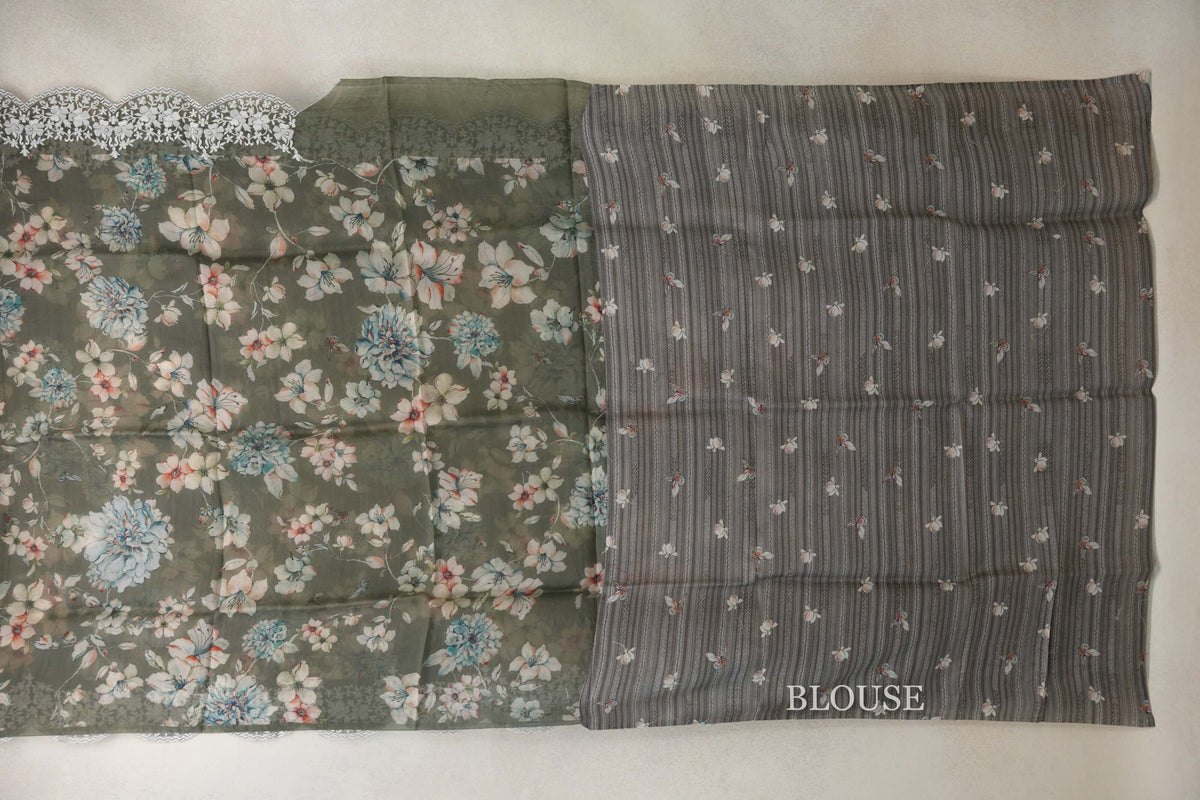 Deep Olive Green with White Floral Embroidery Borders Organza Silk Saree blouse