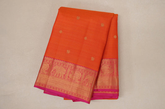 Bright Orange with Orangish Pink Borders Vintage Heirloom Kanjivaram Silk Saree by Shreenivas Silks PSSR019033