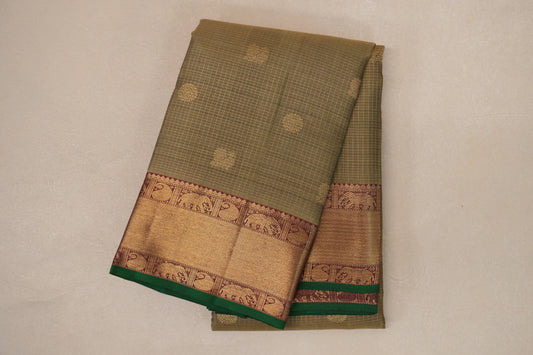 Olive Green with Deep Maroon Borders and Green Selvedge Vintage Heirloom Kanjivaram Silk Saree by Shreenivas Silks PSSR019035