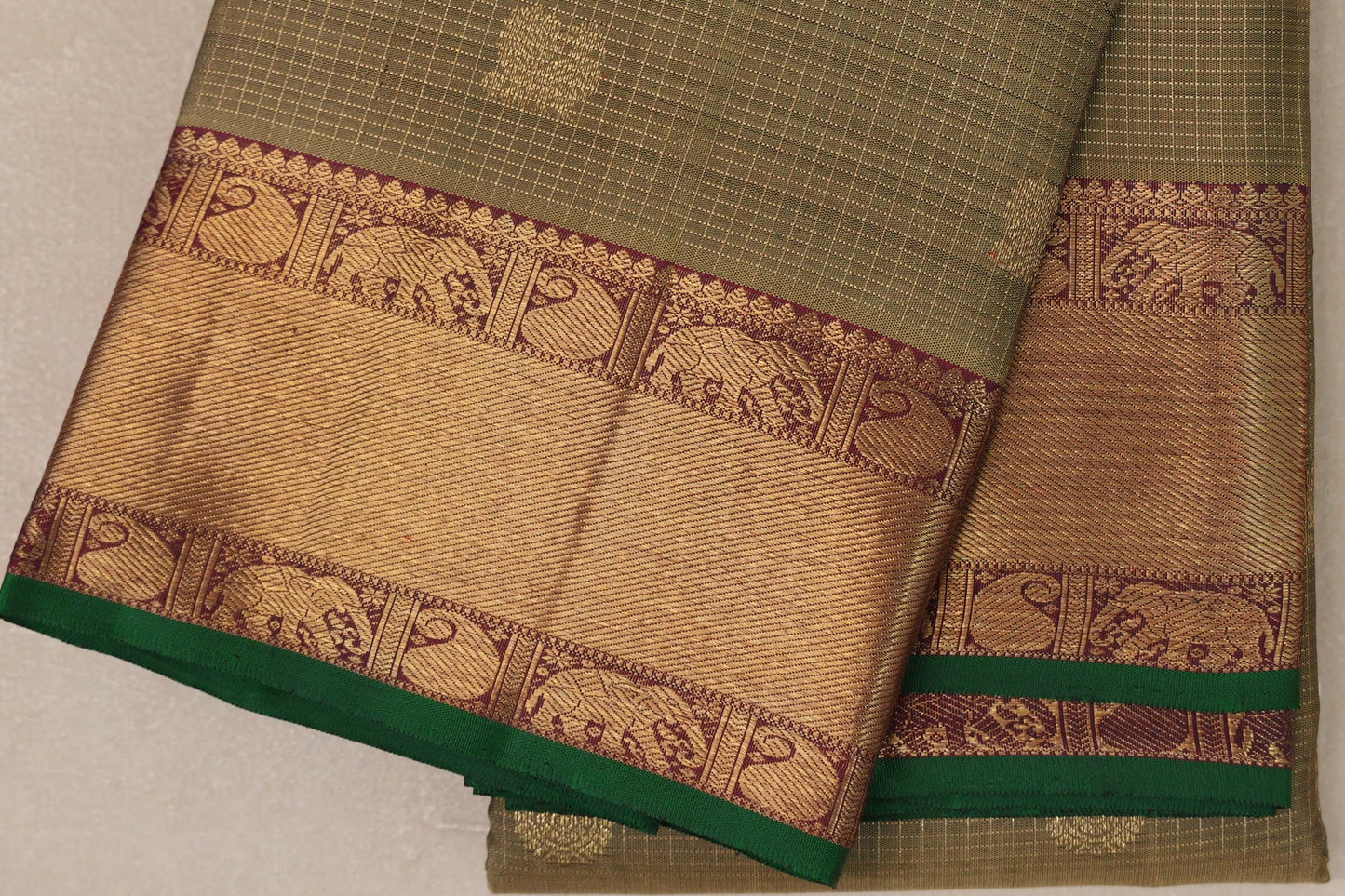 Olive Green with Deep Maroon Borders and Green Selvedge Vintage Heirloom Kanjivaram Silk Saree by Shreenivas Silks PSSR019035