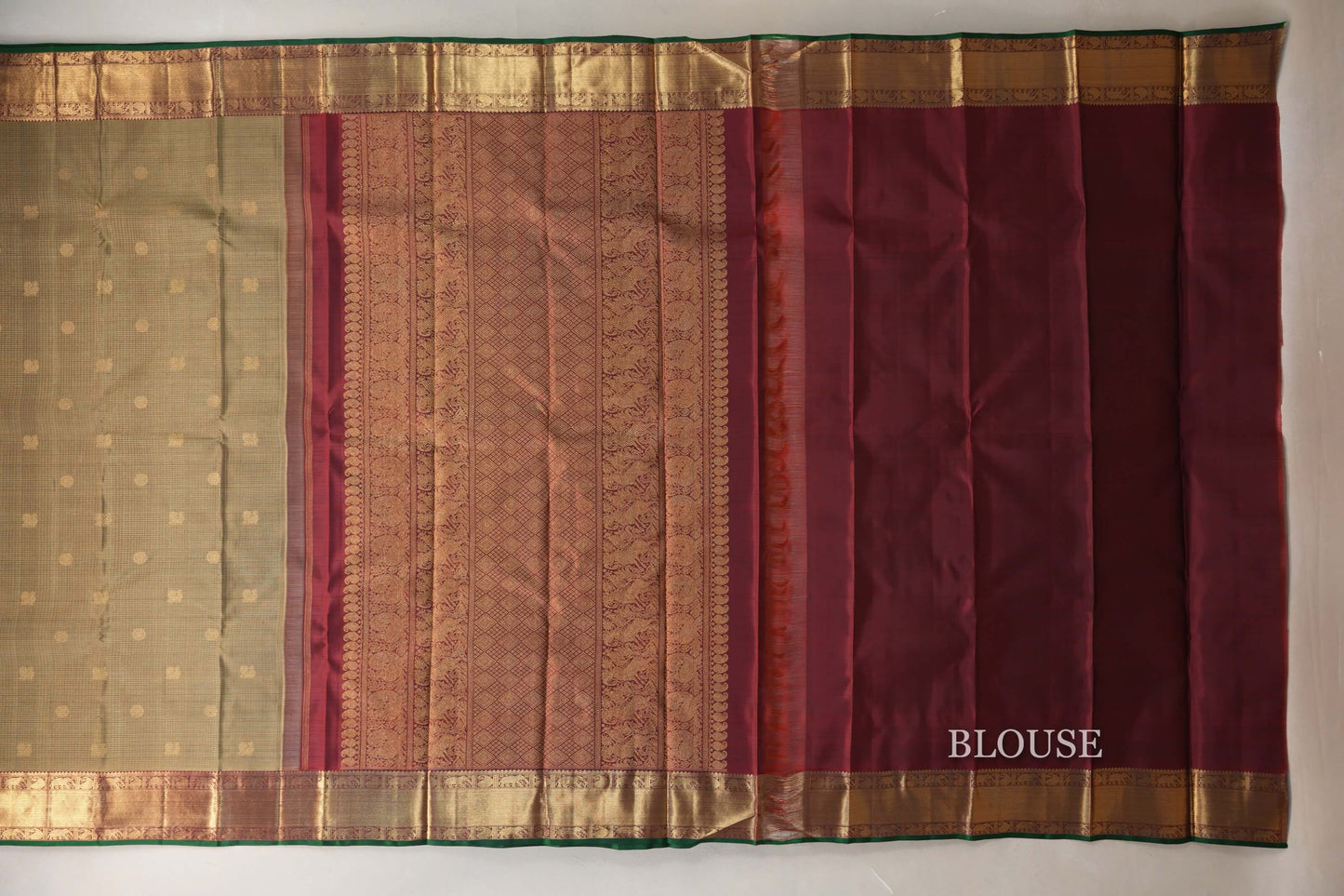 Olive Green with Deep Maroon Borders and Green Selvedge Vintage Heirloom Kanjivaram Silk Saree by Shreenivas Silks PSSR019035