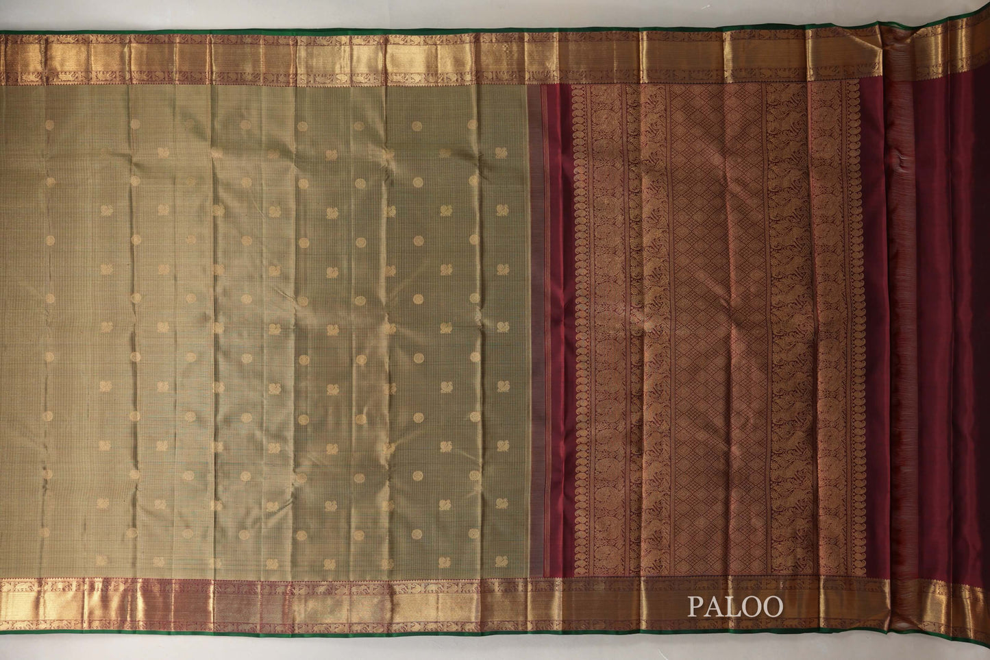 Olive Green with Deep Maroon Borders and Green Selvedge Vintage Heirloom Kanjivaram Silk Saree by Shreenivas Silks PSSR019035