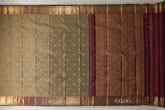 Olive Green with Deep Maroon Borders and Green Selvedge Vintage Heirloom Kanjivaram Silk Saree by Shreenivas Silks PSSR019035