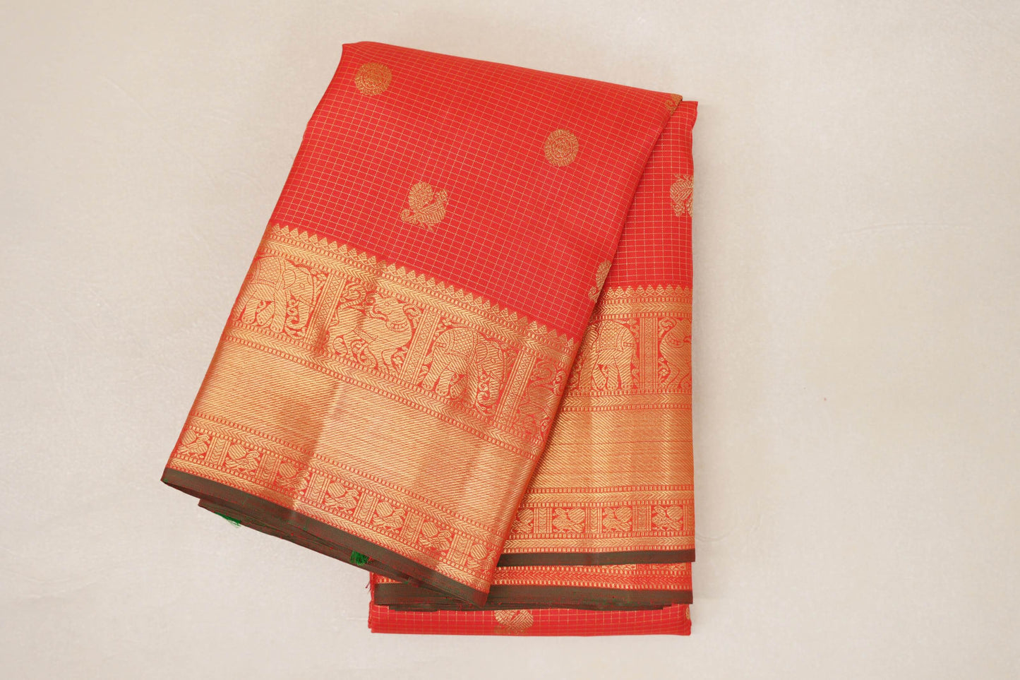 Bright Red with Dual Tone Red and Green Selvedge Borders Vintage Heirloom Kanjivaram Silk Saree by Shreenivas Silks PSSR019037
