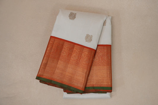 Off White with Bright Orange Borders and Leaf Green Selvedge Vintage Kanjivaram Silk Saree by Shreenivas Silks PSSR019038
