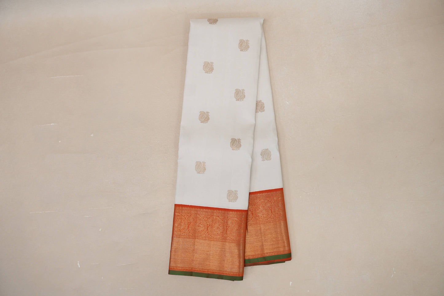 Off White with Bright Orange Borders and Leaf Green Selvedge Vintage Kanjivaram Silk Saree by Shreenivas Silks PSSR019038