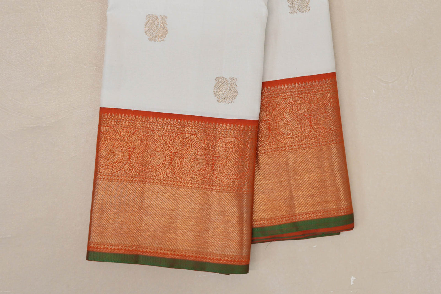 Off White with Bright Orange Borders and Leaf Green Selvedge Vintage Kanjivaram Silk Saree by Shreenivas Silks PSSR019038