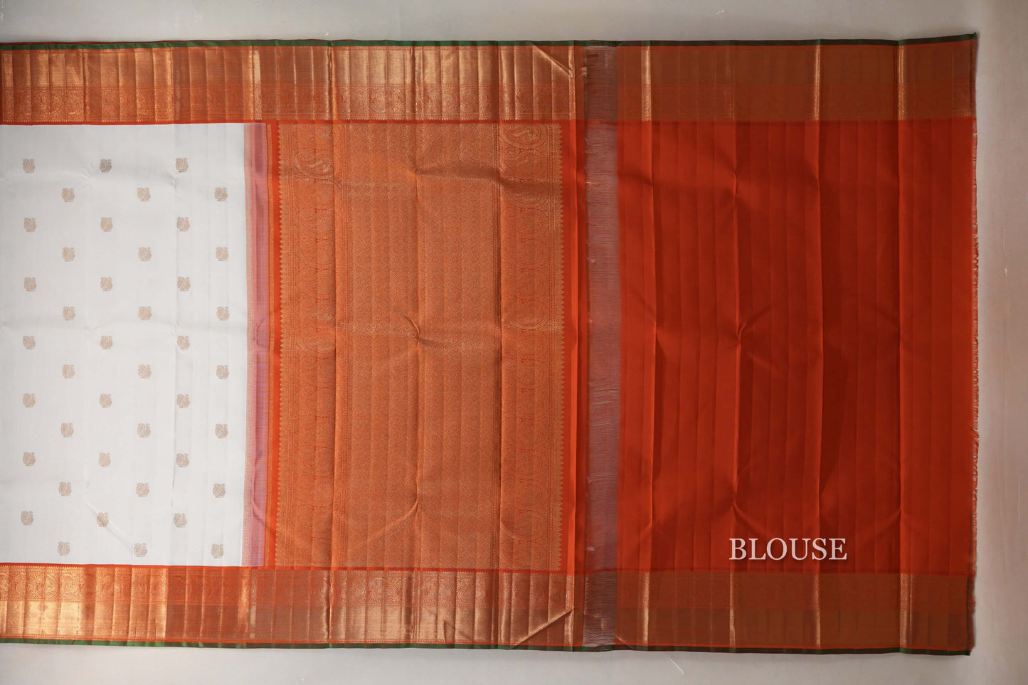 Off White with Bright Orange Borders and Leaf Green Selvedge Vintage Kanjivaram Silk Saree by Shreenivas Silks PSSR019038