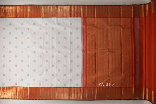 Off White with Bright Orange Borders and Leaf Green Selvedge Vintage Kanjivaram Silk Saree by Shreenivas Silks PSSR019038