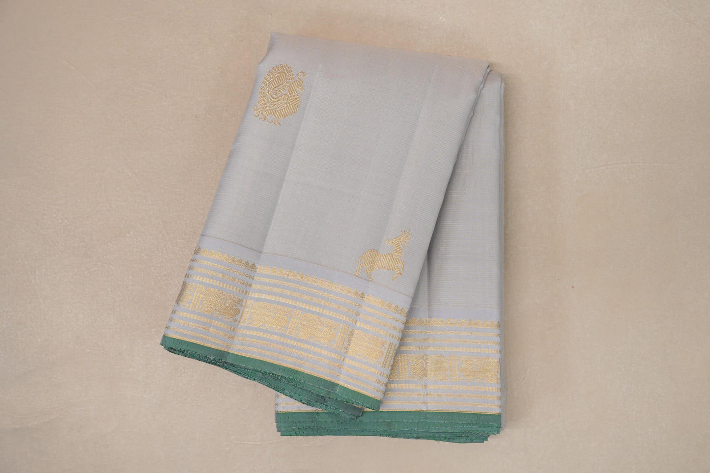 Pearl Grey with Light Green Selvedge Vintage Kanjivaram Silk Saree by Shreenivas Silks PSSR019039