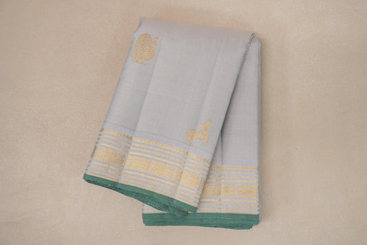 Pearl Grey with Light Green Selvedge Vintage Kanjivaram Silk Saree by Shreenivas Silks PSSR019039