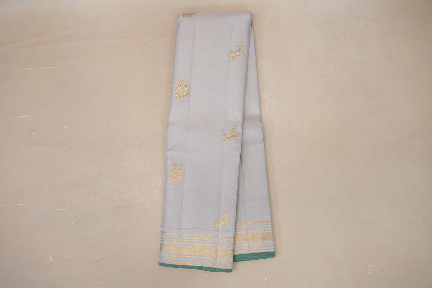 Pearl Grey with Light Green Selvedge Vintage Kanjivaram Silk Saree by Shreenivas Silks PSSR019039
