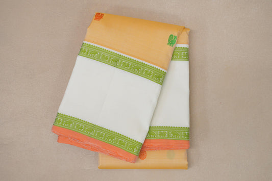 Pastel Yellow with White Borders and Peach Orange Selvedge Thread woven Vintage Kanjivaram Silk Saree by Shreenivas Silks PSSR019040
