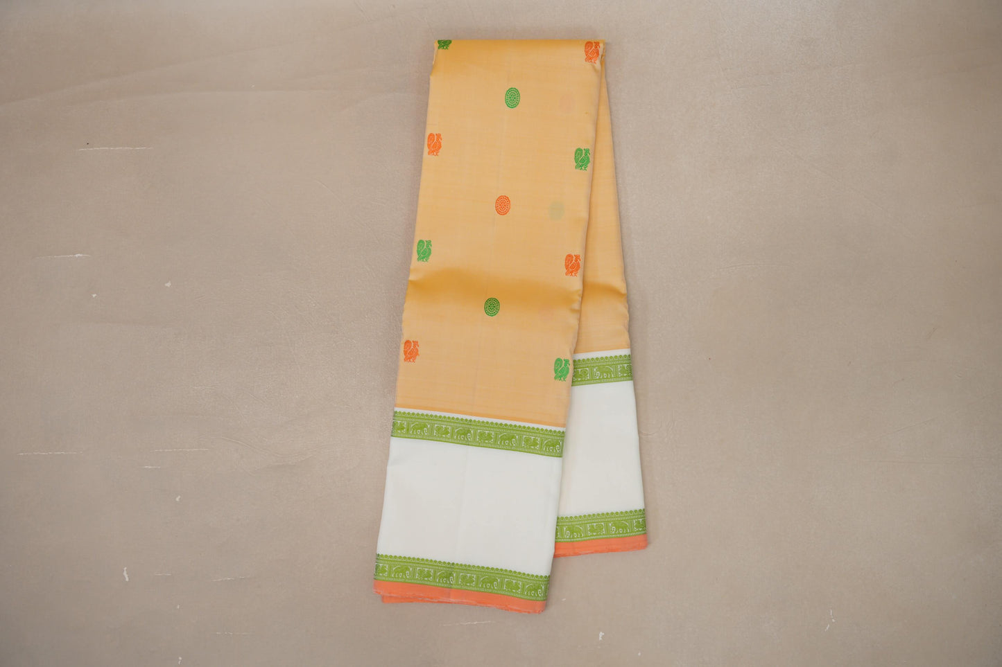 Pastel Yellow with White Borders and Peach Orange Selvedge Thread woven Vintage Kanjivaram Silk Saree by Shreenivas Silks PSSR019040