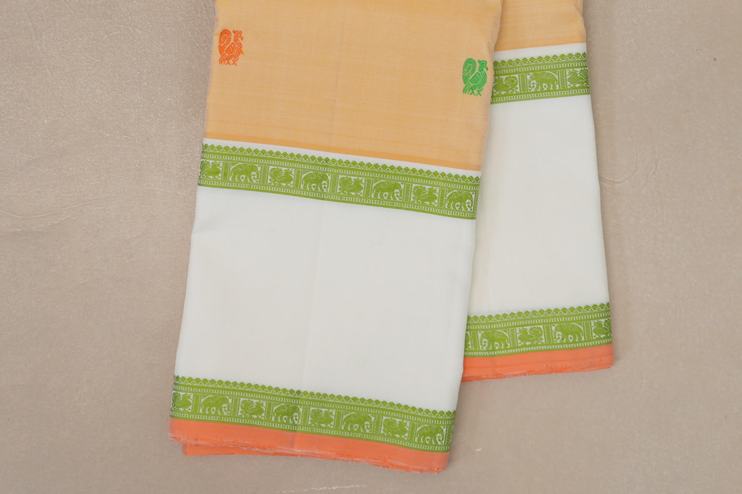 Pastel Yellow with White Borders and Peach Orange Selvedge Thread woven Vintage Kanjivaram Silk Saree by Shreenivas Silks PSSR019040