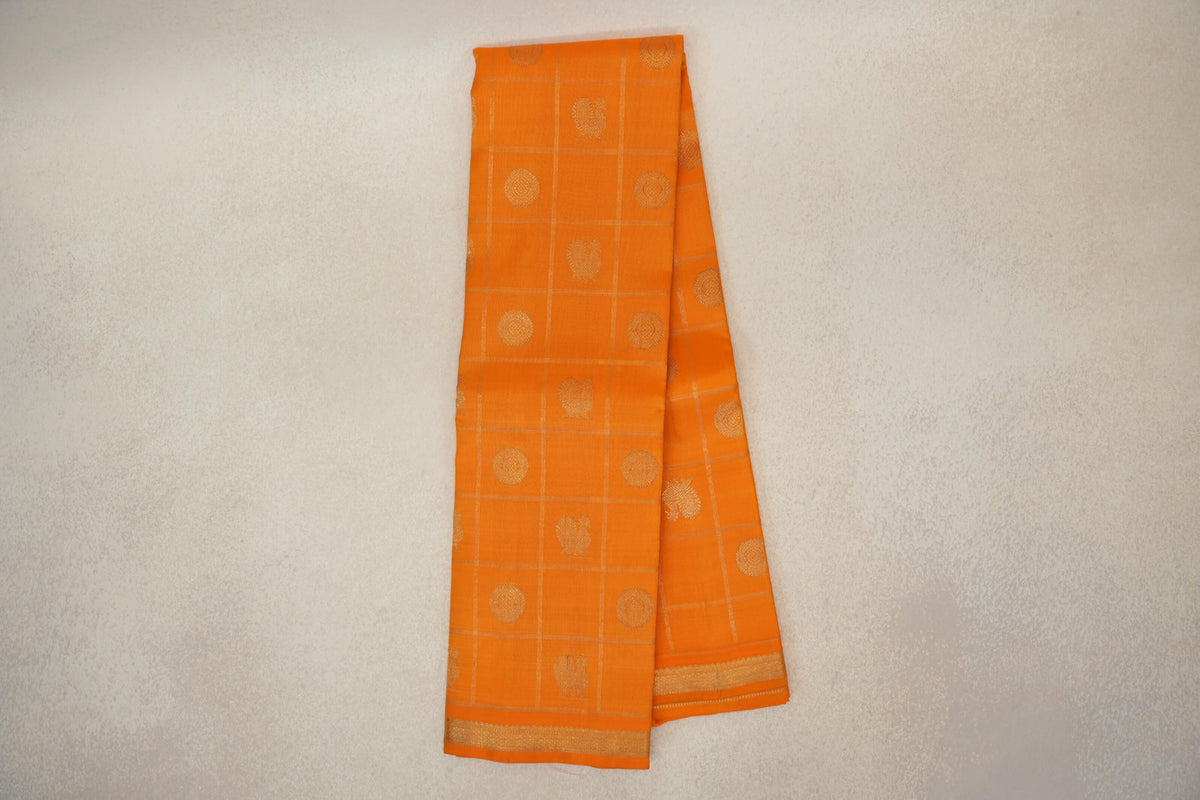 Online Mango Yellow with Zari Checks Vintage Heirloom Kanjivaram Silk Saree