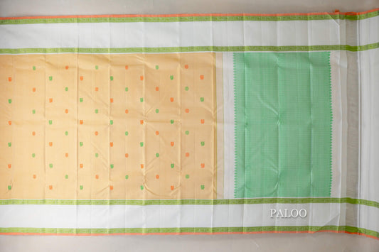 Pastel Yellow with White Borders and Peach Orange Selvedge Thread woven Vintage Kanjivaram Silk Saree by Shreenivas Silks PSSR019040