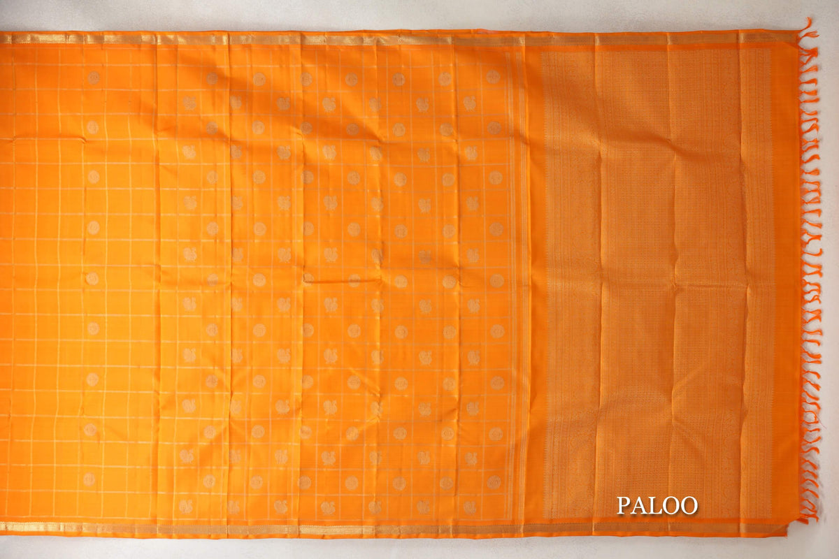 Mango Yellow with Zari Checks Vintage Heirloom Kanjivaram Silk Saree paloo