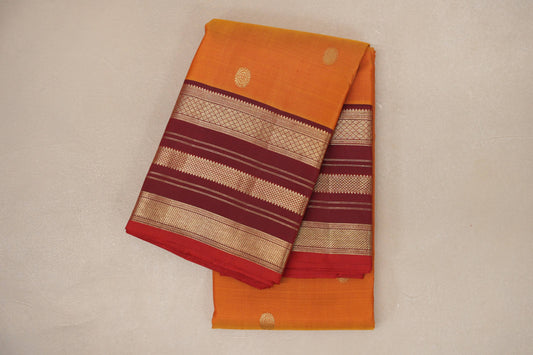 Dual Tone Red and Mustard with Deep Maroon Borders and Red Selvedge Vintage Kanjivaram Silk Saree by Shreenivas Silks PSSR019044