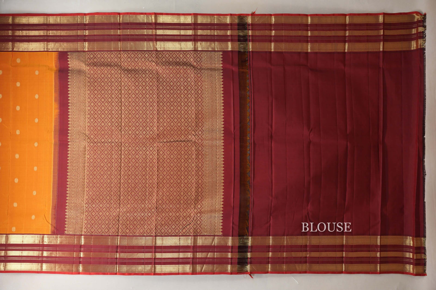 Dual Tone Red and Mustard Vintage Kanjivaram Silk Saree blouse