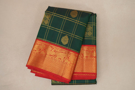 Bottle Green with Red Borders Vintage Kanjivaram Silk Saree by Shreenivas Silks PSSR019045