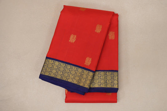 Bright Red with Deep Blue Borders Vintage Kanjivaram Silk Saree by Shreenivas Silks PSSR019048