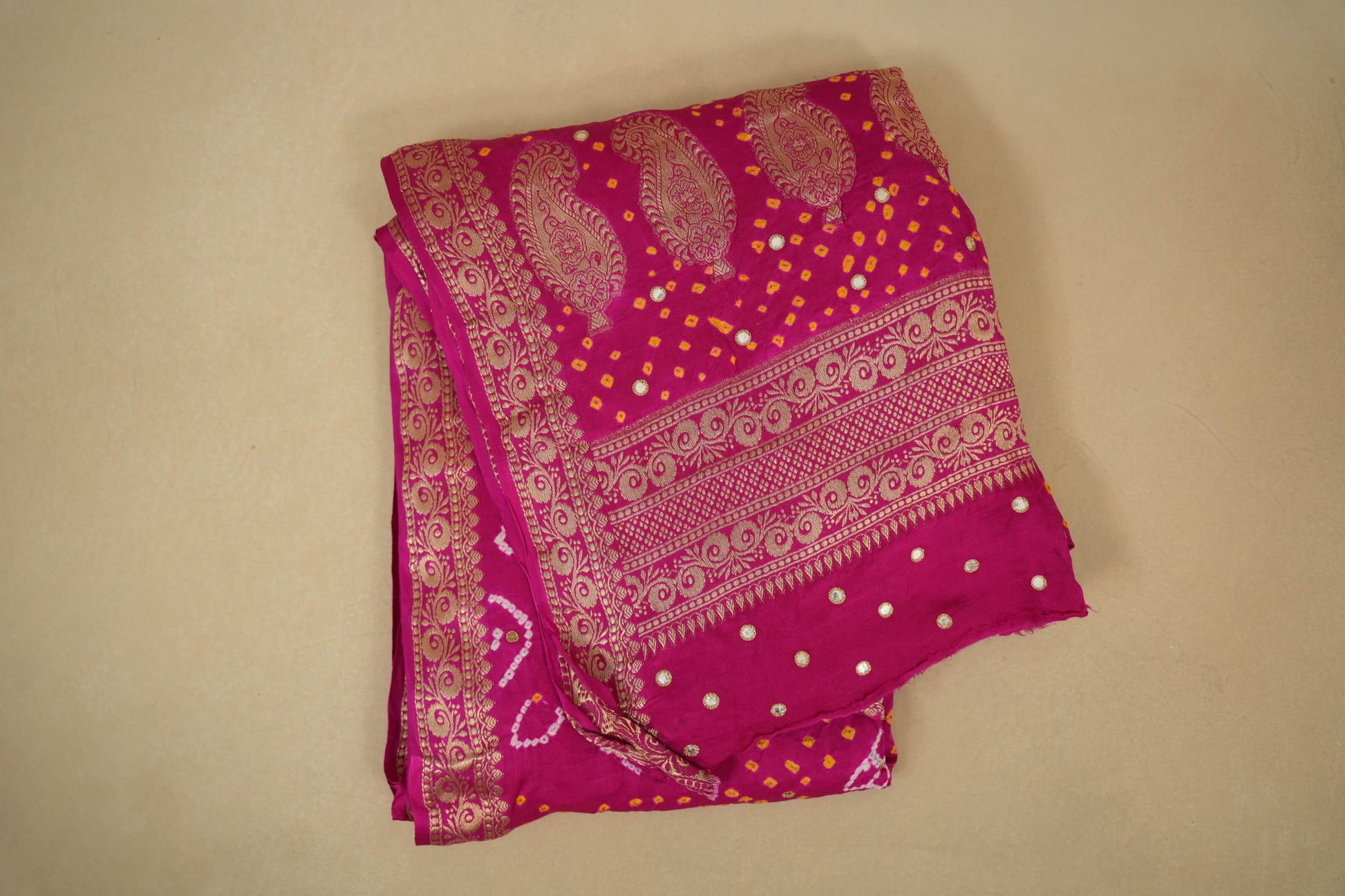 Pink gaji silk bandhani saree