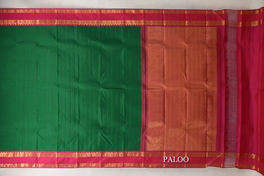 Green with Red Rettai Pettu Borders Plant Based Kanjivaram Silk Saree paloo