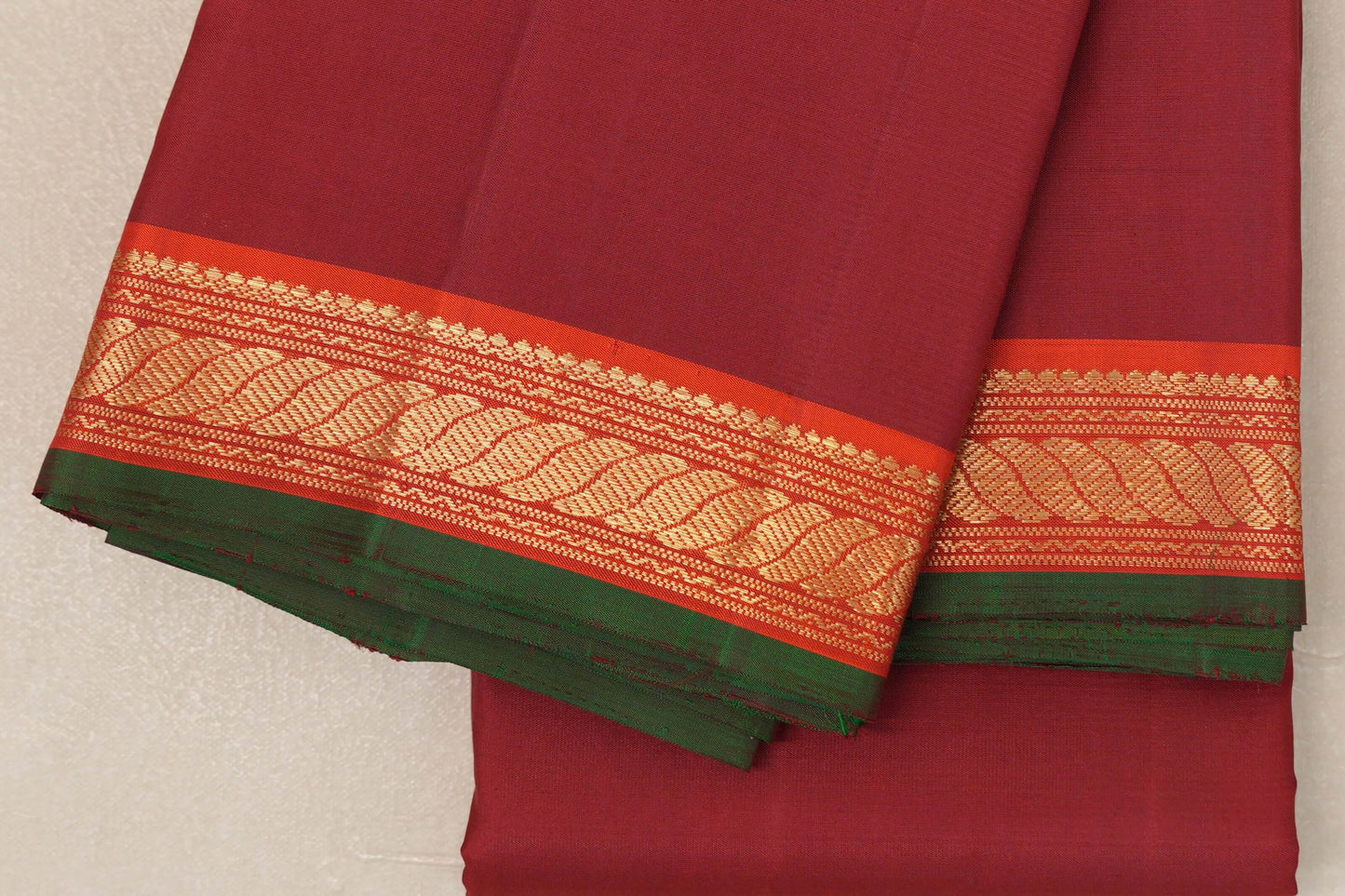Deep Reddish Maroon with Orange Borders and Bottle Green Selvedge Vintage Kanjivaram Silk Saree by Shreenivas Silks PSSR018856
