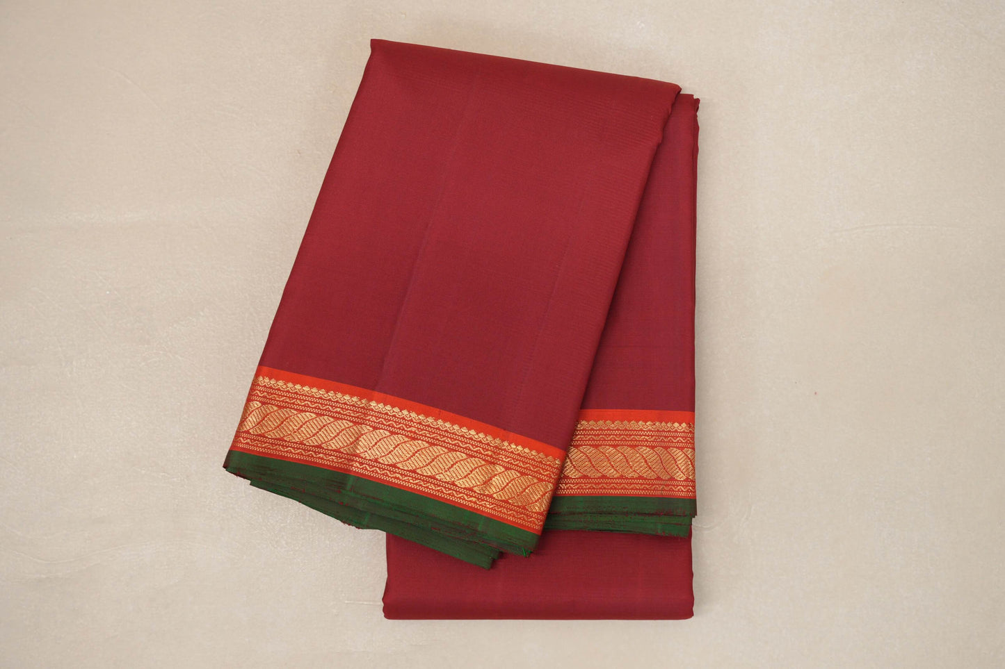 Deep Reddish Maroon with Orange Borders and Bottle Green Selvedge Vintage Kanjivaram Silk Saree by Shreenivas Silks PSSR018856