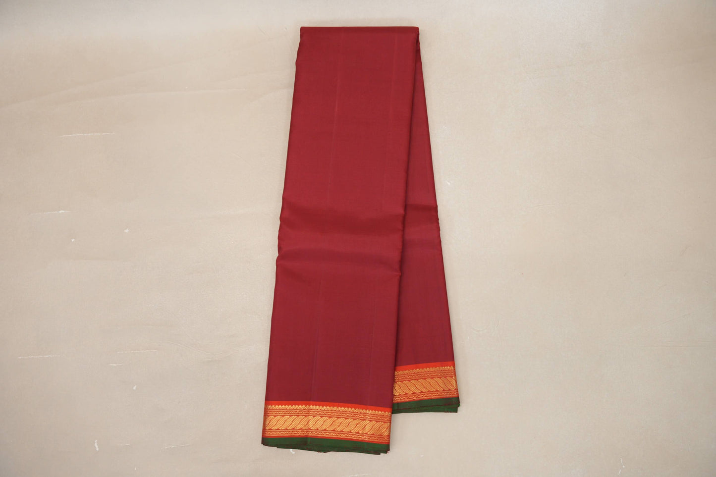 Deep Reddish Maroon with Orange Borders and Bottle Green Selvedge Vintage Kanjivaram Silk Saree by Shreenivas Silks PSSR018856