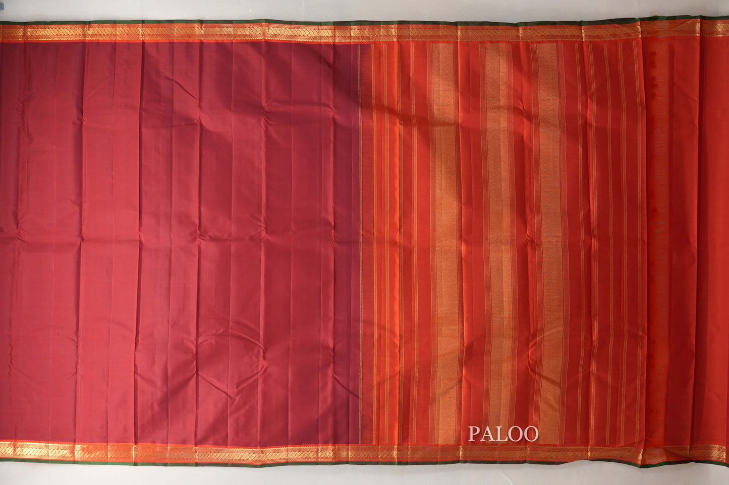 Deep Reddish Maroon with Orange Borders and Bottle Green Selvedge Vintage Kanjivaram Silk Saree by Shreenivas Silks PSSR018856