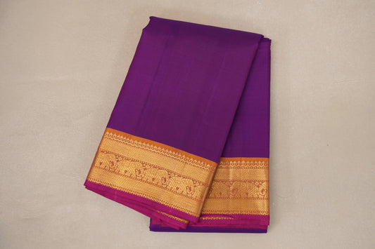 Violet Purple with Mustard Orange Borders and Rani Pink Selvedge Vintage Kanjivaram Silk Saree by Shreenivas Silks PSSR018857