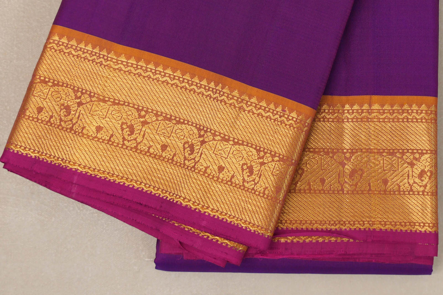 Violet Purple with Mustard Orange Borders and Rani Pink Selvedge Vintage Kanjivaram Silk Saree by Shreenivas Silks PSSR018857