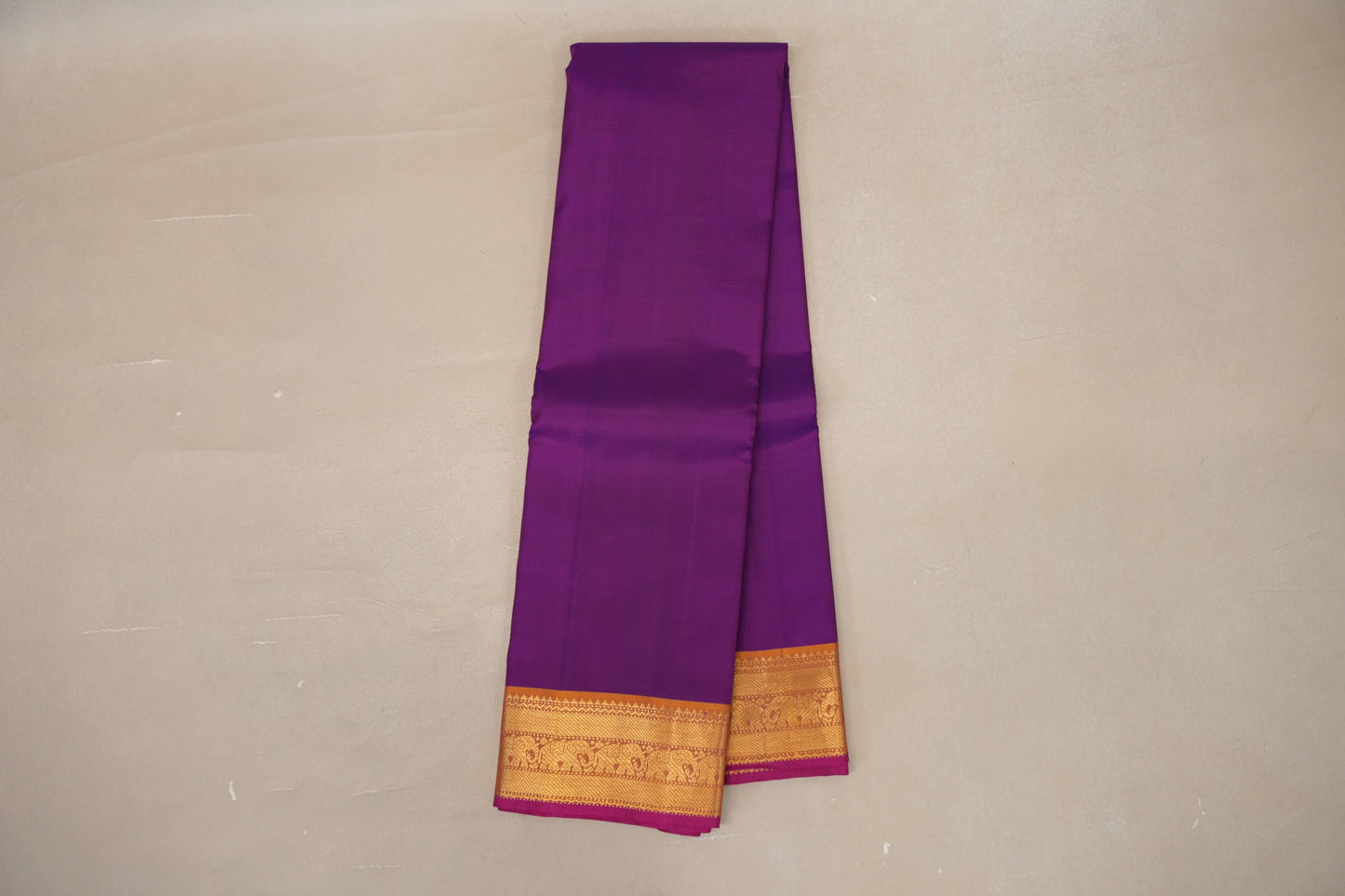 Violet Purple with Mustard Orange Borders and Rani Pink Selvedge Vintage Kanjivaram Silk Saree by Shreenivas Silks PSSR018857