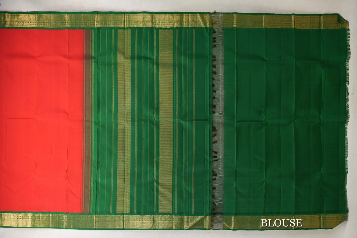 Red with Bottle Green Border Plant Based Kanjivaram Silk Saree blouse